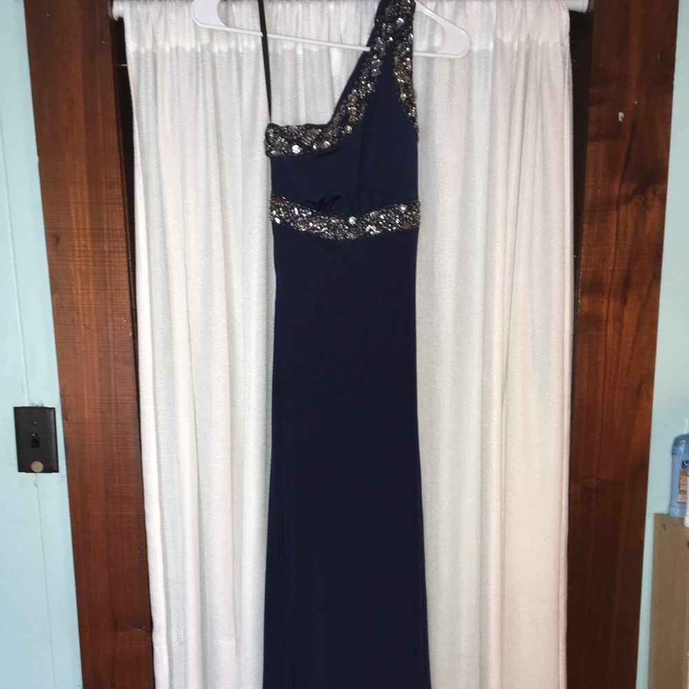 Navy long one shoulder formal dress